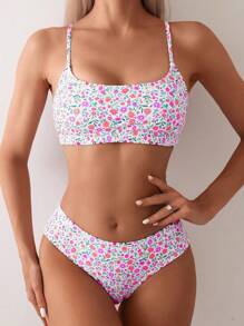 SHEIN Swim Women's Summer Beach Ditsy Floral Sexy Bikini Two Pieces Swimwear Set - Multicolor - View 1