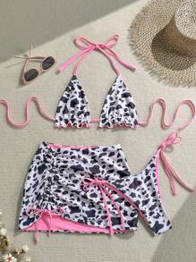 Soleia 3pcs Women's Black&White Cow Print Contrast Pink Bikini Set, Reversible - Multicolor - View 1