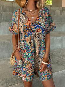 SHEIN LUNE Plus-Size Women Summer Paisley Print Holiday Jumpsuit For Women