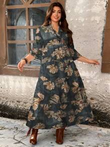 Modelyn Casual Elegant Retro Floral Pattern Plus Size Midi Dress, Suitable For Autumn/Winter - Multicolor - View 2