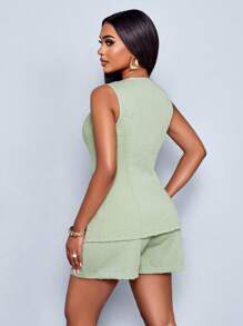 SOLERSUN Women's Solid Button Front Vest Blazer & Shorts - Green - View 2