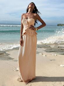 Opulessa 2pcs Women Solid Woven Bandeau Top & High Waist Mermaid Hem Skirt Set