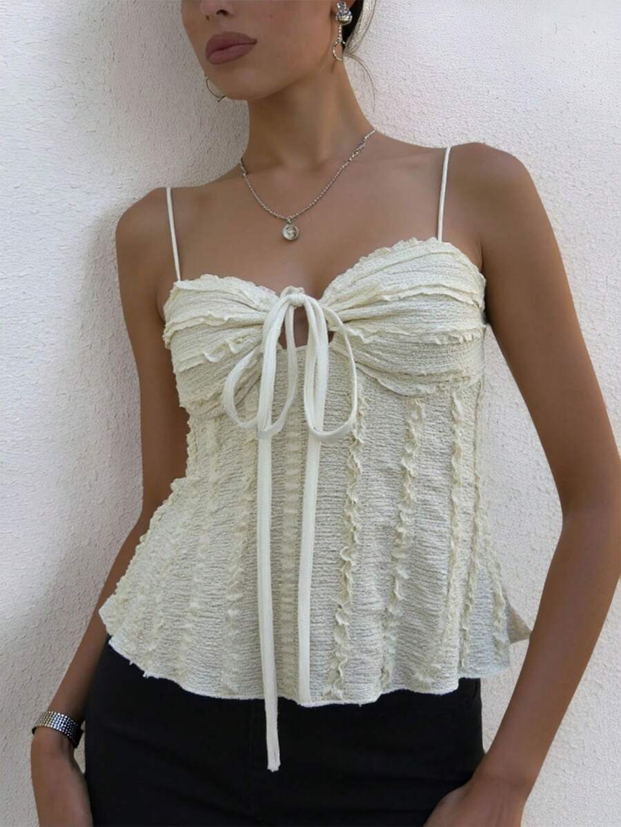 INAWLY Women's Fashionable Solid Color Ruffle Hem Front Tie Camisole Top