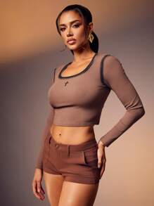 Denimoi Cross Embroidered Washed Long Sleeves Crop Knit Top - Brown - View 5