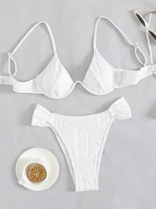 Swim Basics 2pcs Women Summer New Solid Color Knit Jacquard Halter Tie Front Push Up Wireless Bikini High Cut Triangle Swimsuit Set - White - View 6