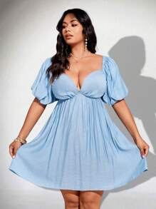 Viva Relle 大码纯色心形领口露背系带短袖夏季连衣裙