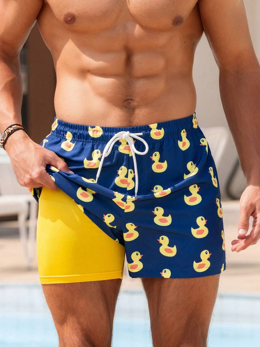 Manfinity Swimmode Men Duck Print Drawstring Waist Swim Beach Shorts Milk Silk Lining, Hawaiian - Navy Blue - View 1