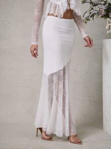 L'Amorae Elegant Romantic White Lace Low-Waist Long Skirt With Fishtail Flares. For Wedding - White - View 5