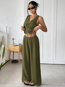 SHEIN EZwear 夏季绿色军风针织背心和裤子套装 - 軍綠色 - 查看 4