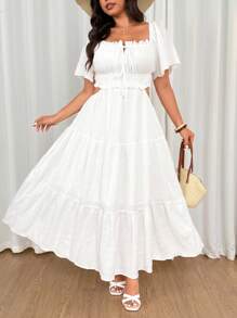 Flirla Váy đi biển bằng vải chiffon ngọc trai cỡ lớn - trắng - Xem 4