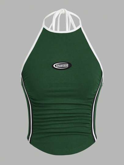 SHEIN ICON 撞色滚边字母贴布褶裥吊带上衣，适合夏季穿着，绿色