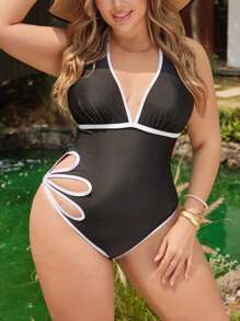 Swim Chiccia Đồ bơi một mảnh cỡ lớn cho nữ, cổ chữ V thiết kế hở lưng họa tiết hoa, đồ bơi đi biển thường ngày, màu đen và trắng - Đen và trắng - Xem 5
