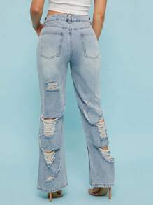 SHEIN Unity Denim Mid Rise Light Wash Back Distress Straight Jeans Concert Western Country Festival Event Pants Thanksgiving Christmas NYE New Years Eve For Women - Light Wash - View 1