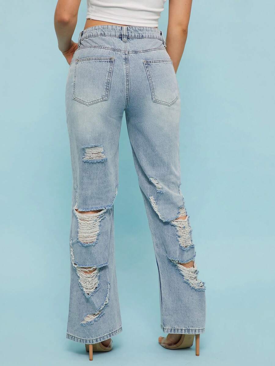 SHEIN Unity Denim Mid Rise Light Wash Back Distress Straight Jeans Concert Western Country Festival Event Pants Thanksgiving Christmas NYE New Years Eve For Women - Light Wash - View 1