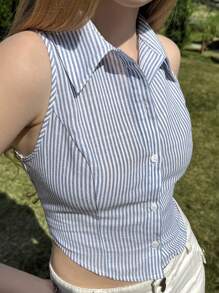 CovetEZ 海军蓝和白色条纹梭织女式衬衫 - 藍白色 - 查看 7