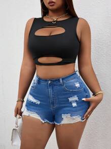 SHEIN SXY Casual Fashionable Versatile Washed Ripped Elastic Denim Shorts - Medium Wash - View 4