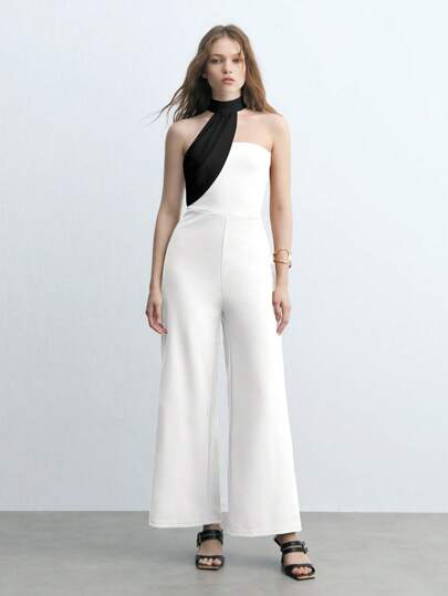 Maija 2025 Summer New Black & White Contrast Color Blocking Halter Neck Slit Pocket Jumpsuit, Women Business Casual Elegant Outfit For Daily Commute, Beach Holiday, Wedding Guest, Music Festival, Breakfast, Airport, 90s Retro, Stockholm, 4th Of July