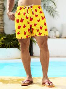 Surfspeed Men's Summer Vacation French Fries Print Drawstring Waist Beach Shorts - Multicolor - View 3