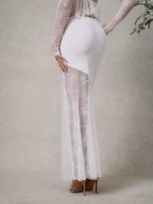 L'Amorae Elegant Romantic White Lace Low-Waist Long Skirt With Fishtail Flares. For Wedding - White - View 2
