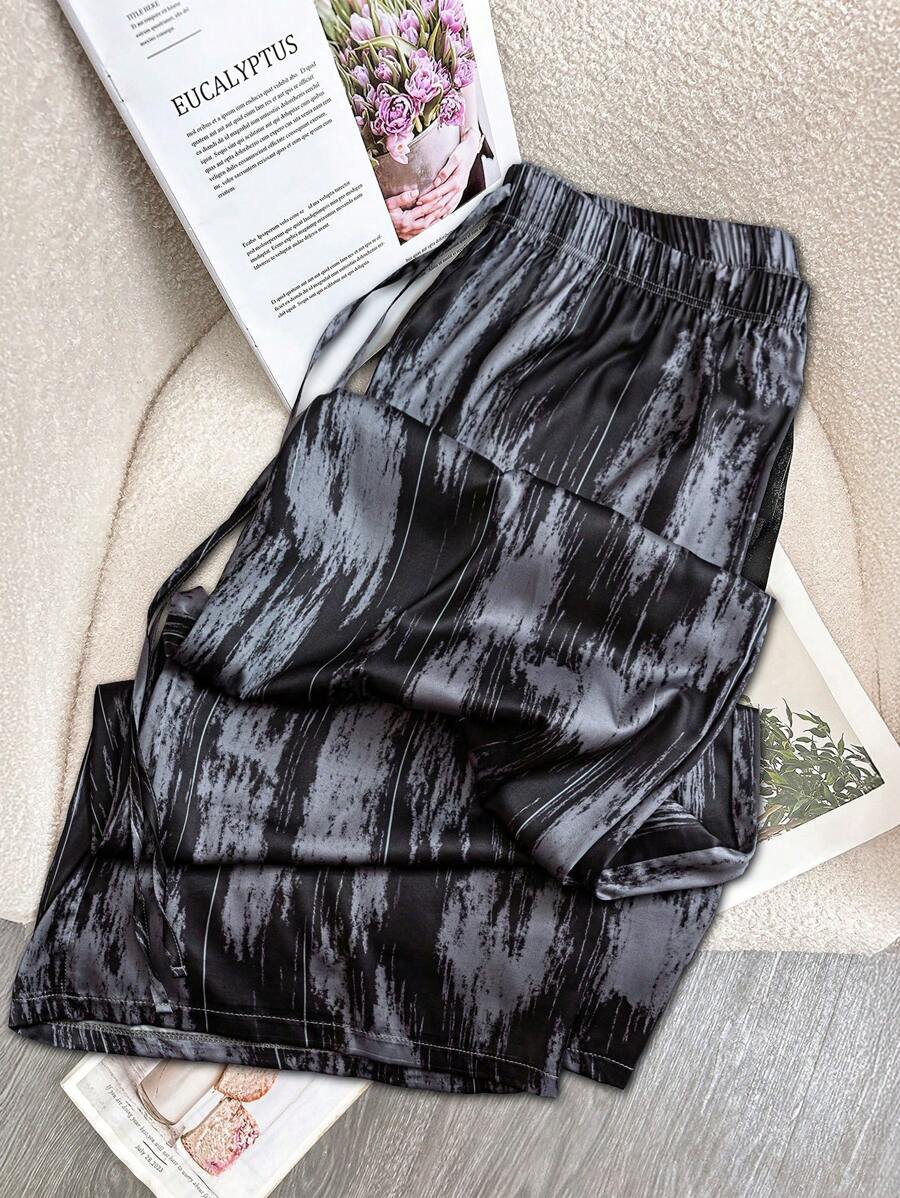 SHEIN LUNE Plus Size Women's Ink Print Satin Loose Pants Fall Cloth For Women - Black - View 1