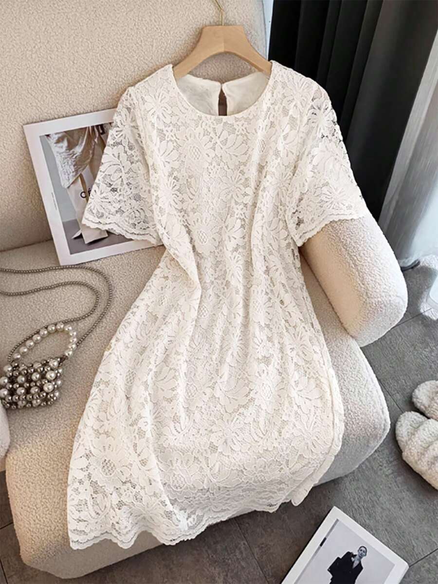 SHEIN Unity Elegant Round Neck Lace-Trim Cuff, Hem & Back-Slit Dress ...