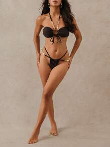 SHEIN Swim Women's Summer Sexy 2 Pieces Solid Color Bandeau Shell Decor Halter Tie Bikini Set