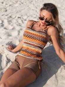Swim Lushoire 2pcs/Set Women Swimsuit, Boho Style Geometric Stripe Pattern Spaghetti Strap Bikini Set For Summer Beach Vacation - Brown - View 5