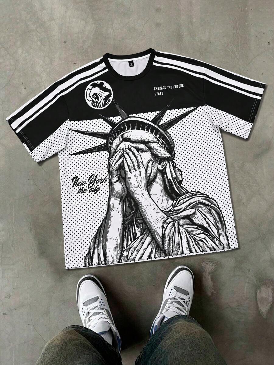 Manfinity EMRG 大码男士夏季休闲撞色肖像图案圆领短袖T恤