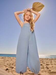 SHEIN Bộ đồ liền thân dây mảnh rộng rãi thoải mái mùa hè cho bé gái - Màu xanh lam - Xem 1