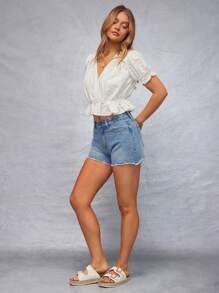 WESTFADE Frühlings Western Blumen gestickte Lochstickerei V-Ausschnitt Überkreuzoberteil mit Puffärmeln und Rüschen