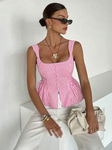 Siren Gaze 外出上衣 女士绿色格纹A字格子上衣，腰部收紧，女士格纹衬衫，荷叶边下摆，休闲通勤，夏季粉色吊带背心 - 粉色 - 查看 2