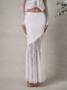 L'Amorae Elegant Romantic White Lace Low-Waist Long Skirt With Fishtail Flares. For Wedding - White - View 4