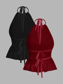 SHEIN EZwear 2pcs/Set Plus Size Women Solid Color Ruched Backless Halter Tank Top, Spring & Summer - Multicolor - View 2