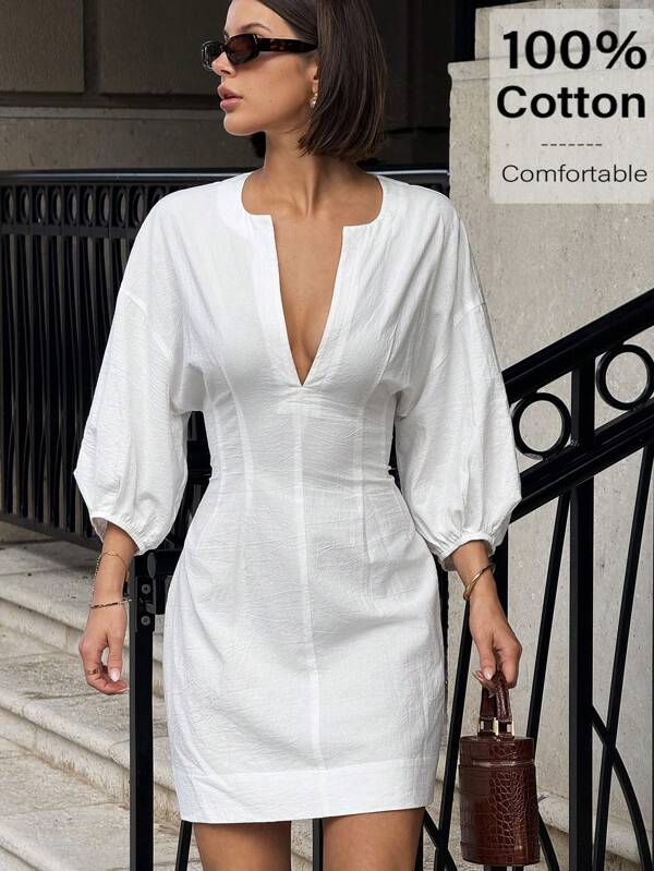 Siren Gaze Vestido Mini Feminino, Cor Sólida, Manga Longa, Simples e da Moda, Adequado para o Verão