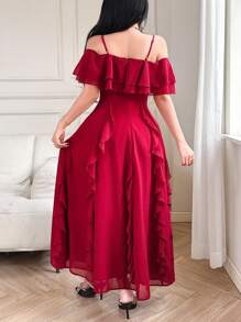 Feyla 女式纯色 3D 花卉装饰露肩荷叶边下摆优雅长裙 - 紅色 - 查看 2