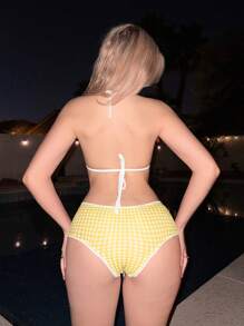 Sweetina Conjunto de traje de baño de mujer para verano con top halter y decoración anudada a juego con shorts de baño,atuendo playero de vacaciones - Mostaza Amarilla - Ver 10