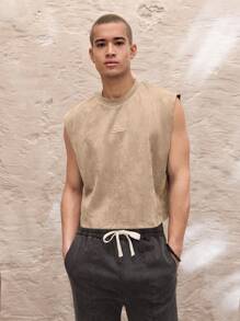 SWAVVY Men's Vintage Knit Casual Loose Sleeveless Short Cut Tank Top, For Fall - Khaki - View 1