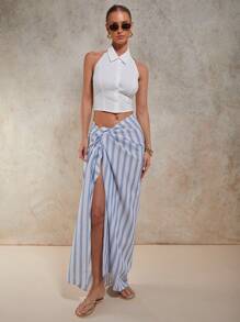 COSMINA Women's Blue And White Striped Vacation Cover Up, Woven Fabric, Long, Split Thigh Detail, Sarong - Blue and White - View 1
