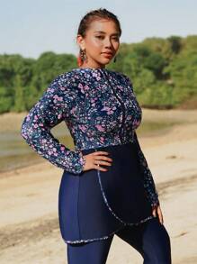 Swim Mulvari Set da bagno da donna taglie forti a 2 pezzi, navy blu con patchwork a fiori ditsy, camicia lunga con chiusura lampo davanti e pantaloni lunghi, burkini da spiaggia per vacanze
