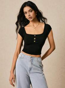 Poéselle 女士方领纯色 T 恤，夏季时尚 - 黑色 - 查看 5