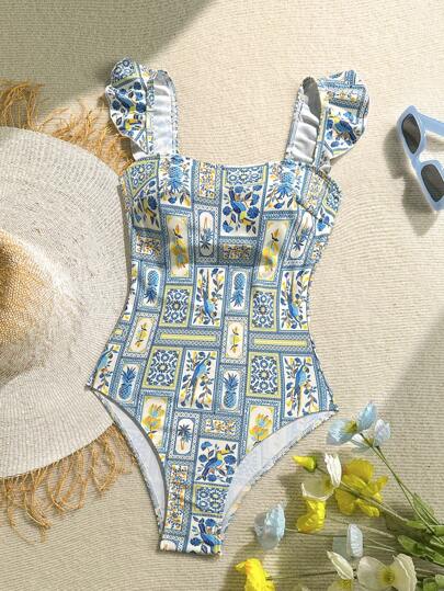 Soleia Women Summer Holiday Cute Floral Print Cap Sleeve One Piece Swimsuit