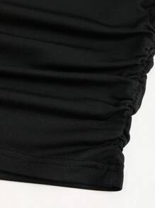 Sweetra 女装新款春夏黑色纯色褶皱斜肩两穿性感外出休闲上衣带金色装饰 - 黑色 - 查看 6