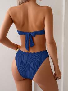 SHEIN Swim 2 件套春假纯色抹胸比基尼泳装，带贝壳边和露背系带，适合女士，夏季海滩 - 寶藍色 - 查看 2