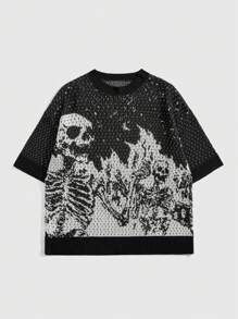 ROMWE MEN Men's Gothic Contrast Color Skull Pattern Lightweight Hollow-Out Knitted Sweater