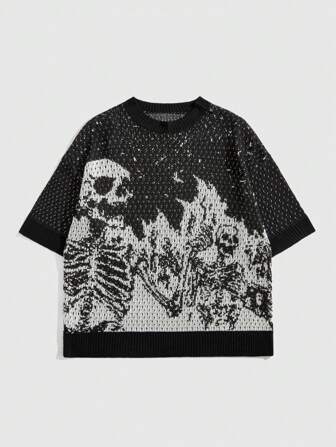 Men's Gothic Contrast Color Skull Pattern Lightweight Hollow-Out Knitted Sweater