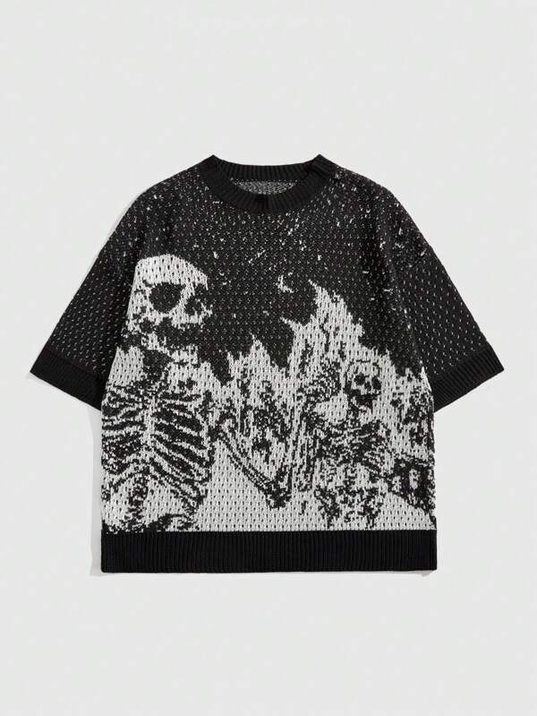 ROMWE MEN Jersey de punto ligero y calado con patrón de calavera de color contrastante para hombre