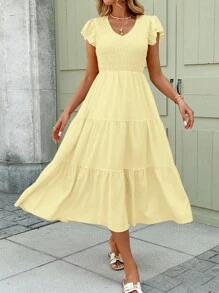SHEIN LUNE Butter Yellow Romantic Spring Date Ruffled Flounced Hem Pink Mid-Length Dress For Women,Bohemia,Summer Dresses For Women