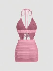 EgrlEra Women's Black Y2K Sexy Sequins 2pcs Deep V-Neck Tie Front Camisole & Mini Skirt Set. Suitable For New Year's Eve Parties, Valentine's Date Nights And Any Party Occasions. Cute And Flattering. - Pink - View 2