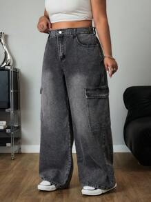SHEIN ICON Jeans Vaqueros Cargo Casuales Holgados de Pierna Ancha y Versátiles para Mujer de Talla Grande