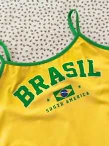 Top de tirantes casual con diseño gráfico vibrante de Brasil y contraste de color, top corto deportivo y de ocio ajustado, adecuado para el verano